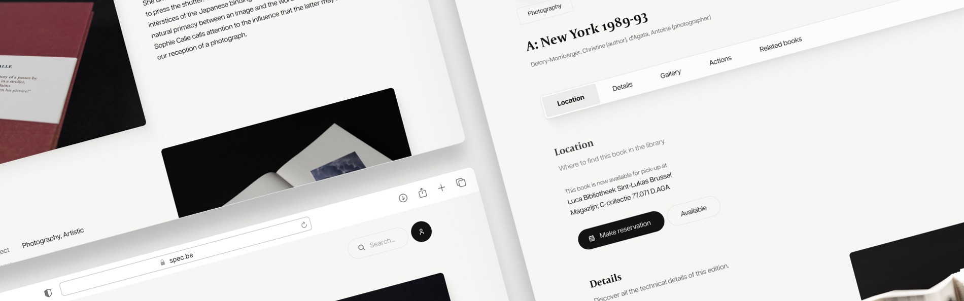 Close-up composities van de website-interface. Links zie je een tekstblok over fotografie en een deel van de browser-adresbalk ("spec.be"). Rechts zie je de detailpagina van een boek getiteld "A: New York 1989-93" met tabbladen voor Location, Details, Gallery en Actions, inclusief een zwarte knop "Make reservation".