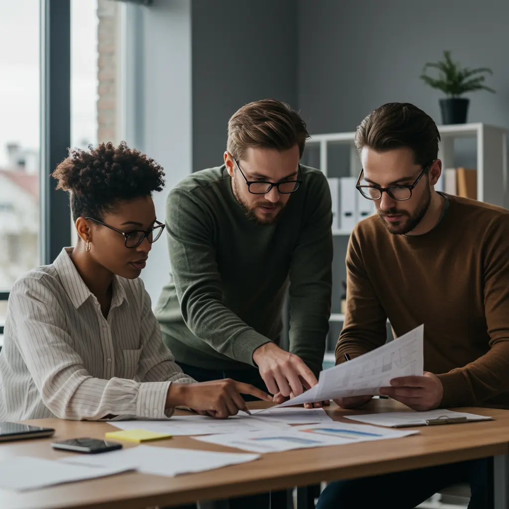 Drei Personen arbeiten gemeinsam in einem modernen Büro und analysieren Dokumente auf einem Tisch.