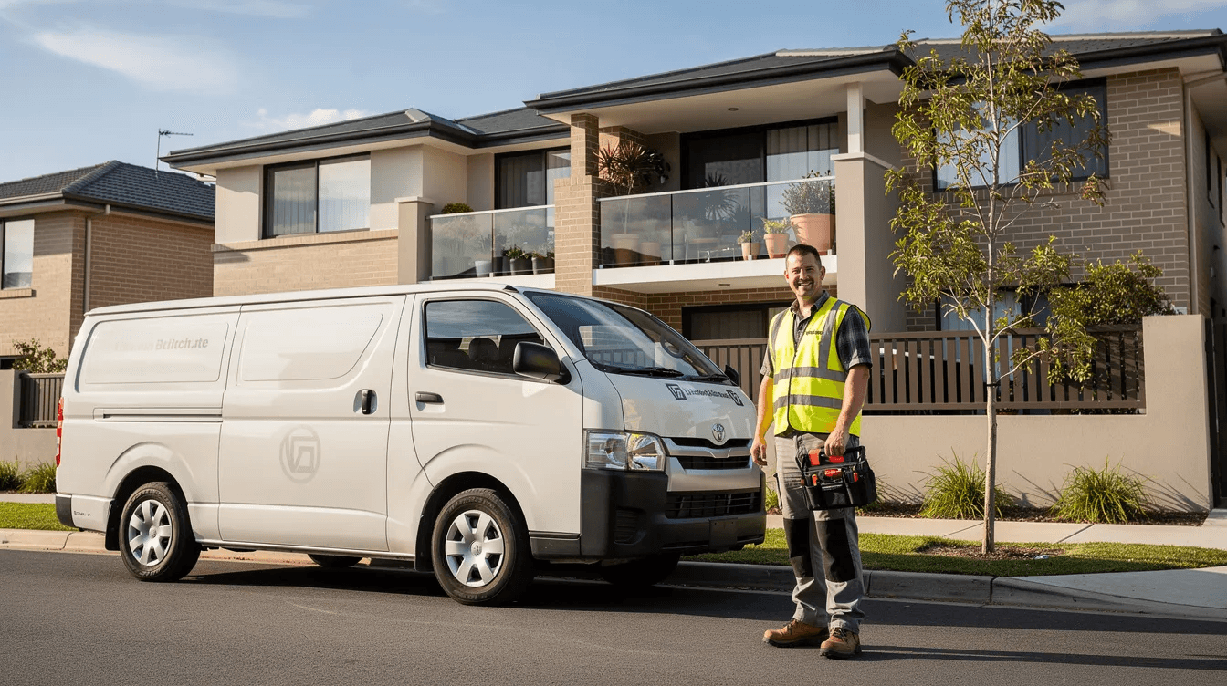 A person stands next to a white work van parked outside a suburban apartment block in Australia, highlighting the importance of business asset finance options for small businesses. This scene reflects the practical use of vehicles in daily operations, emphasizing the need for effective asset management and financing solutions.