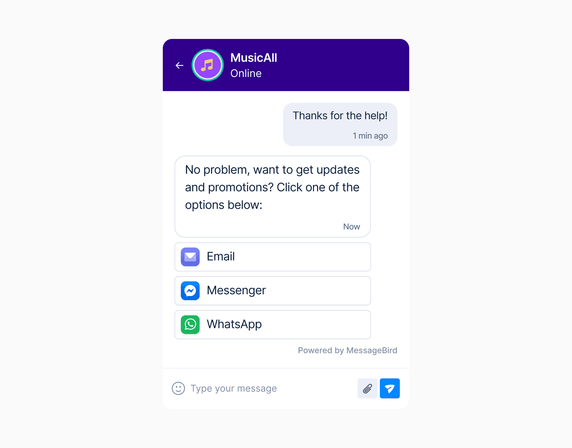 Chat widget sharing options for getting updates via various communication channels.