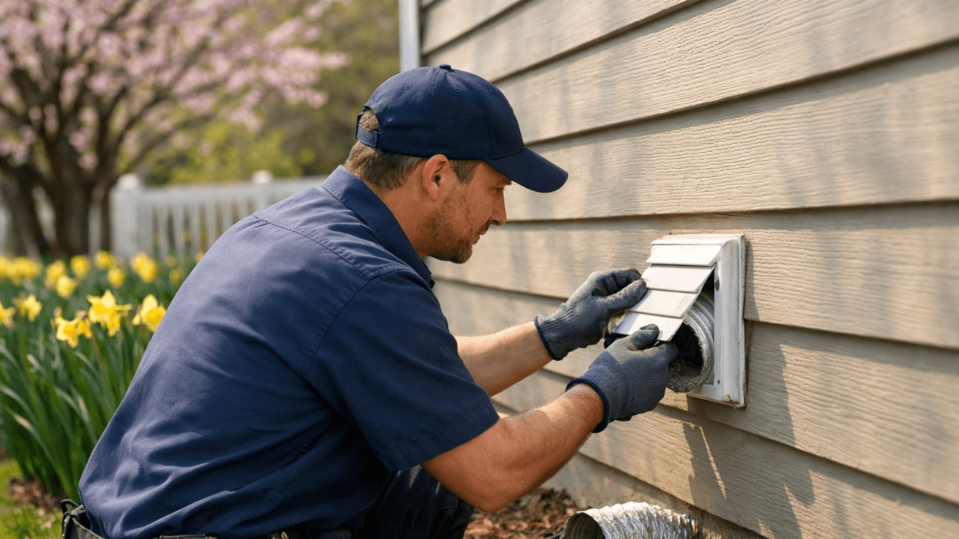 Technician performing professional dryer vent repair during spring home maintenance inspection