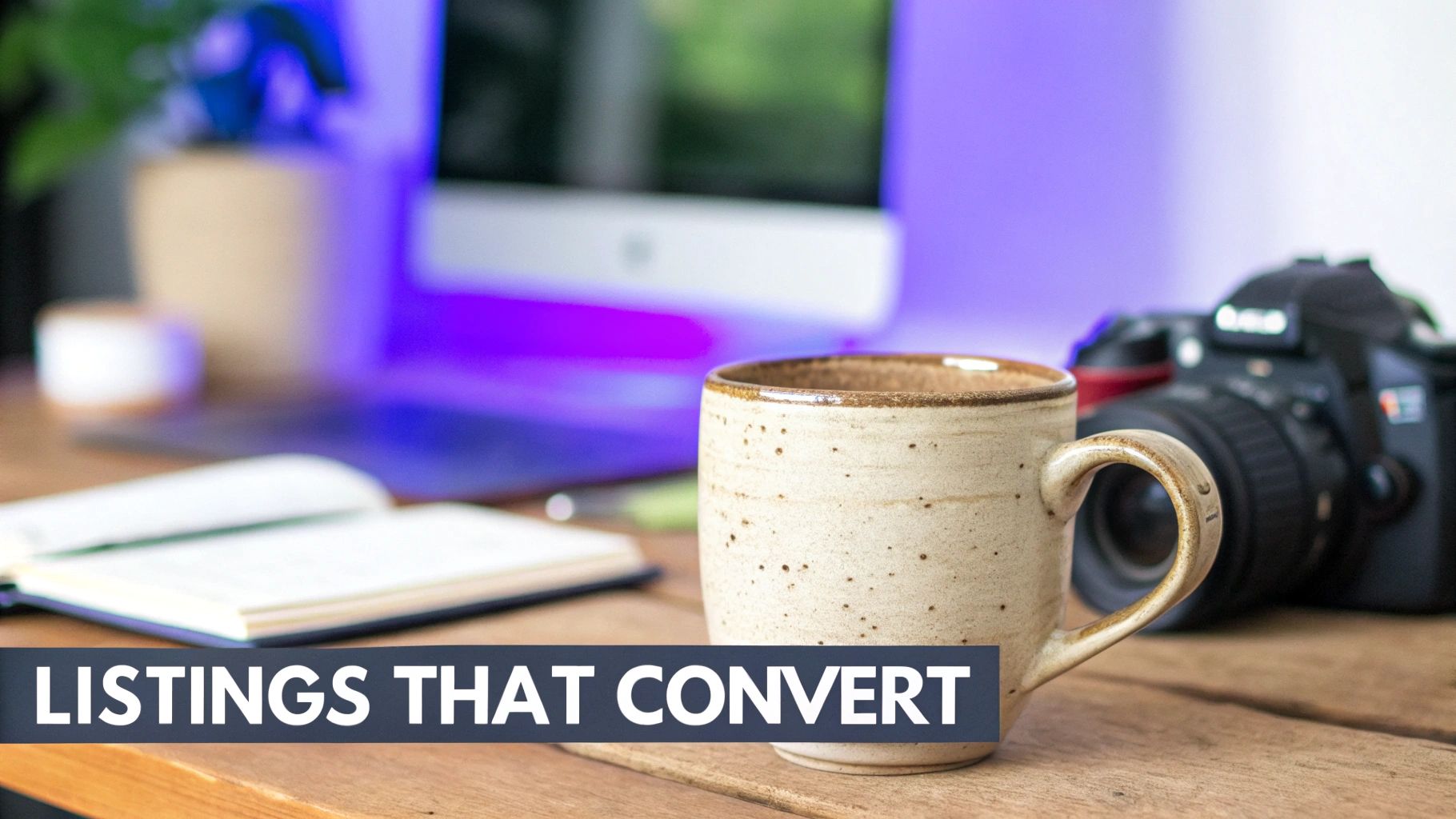 A creative workspace with a speckled coffee mug on a wooden desk, a camera, and a blurred computer. Text reads 'LISTINGS THAT CONVERT'.