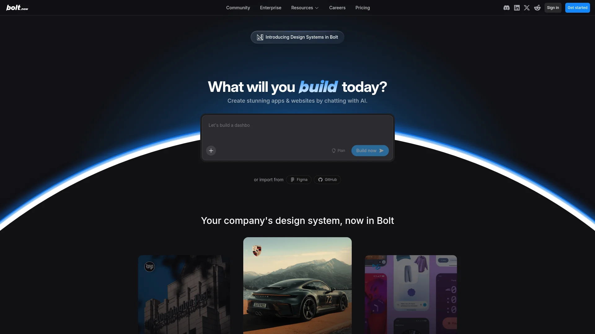 Bolt.new AI app builder interface showing a full-stack web application generated from a text prompt with live preview