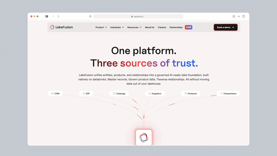 LakeFusion website in motion, designed by Rango and built in Webflow: the homepage hero, the governed data foundation sections and the graph intelligence page