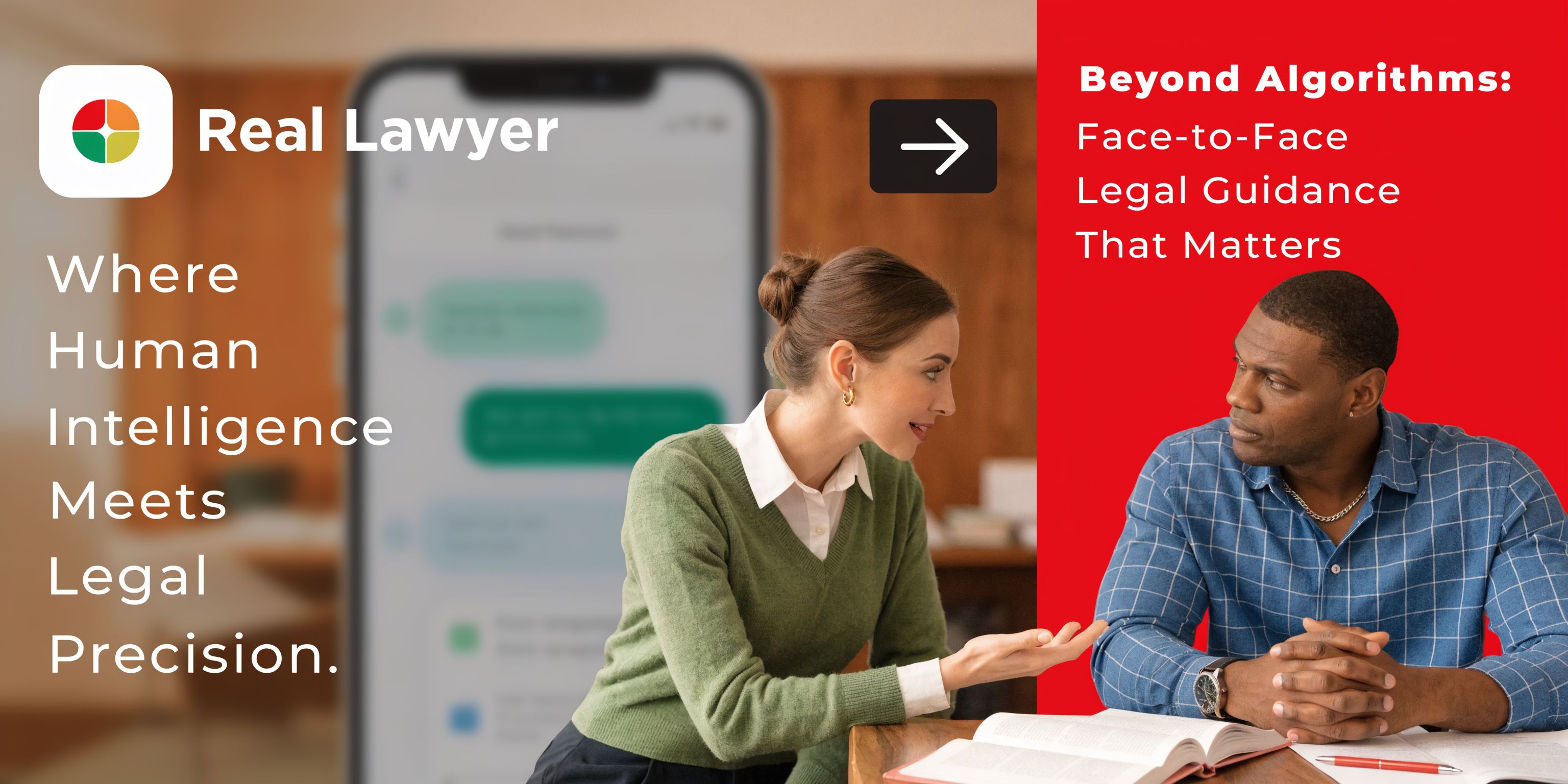 A professional lawyer consults face-to-face with a client to discuss legal matters in a private office setting.