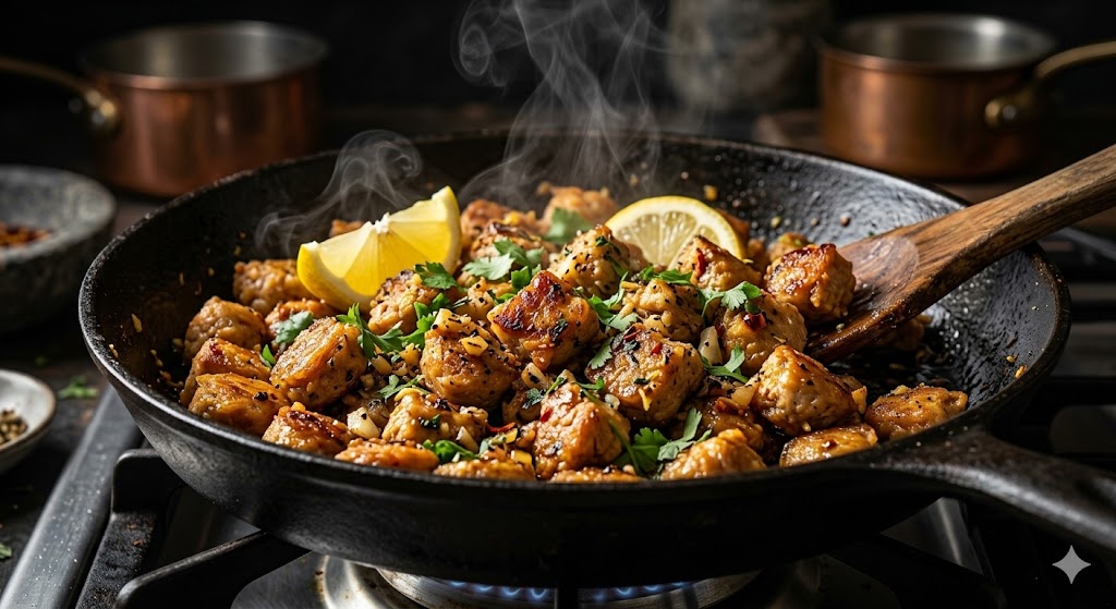 A close-up photograph of golden-brown sautéed soy chunks garnished with lemon wedges and fresh parsley in a smoking cast-iron skillet on a stovetop.