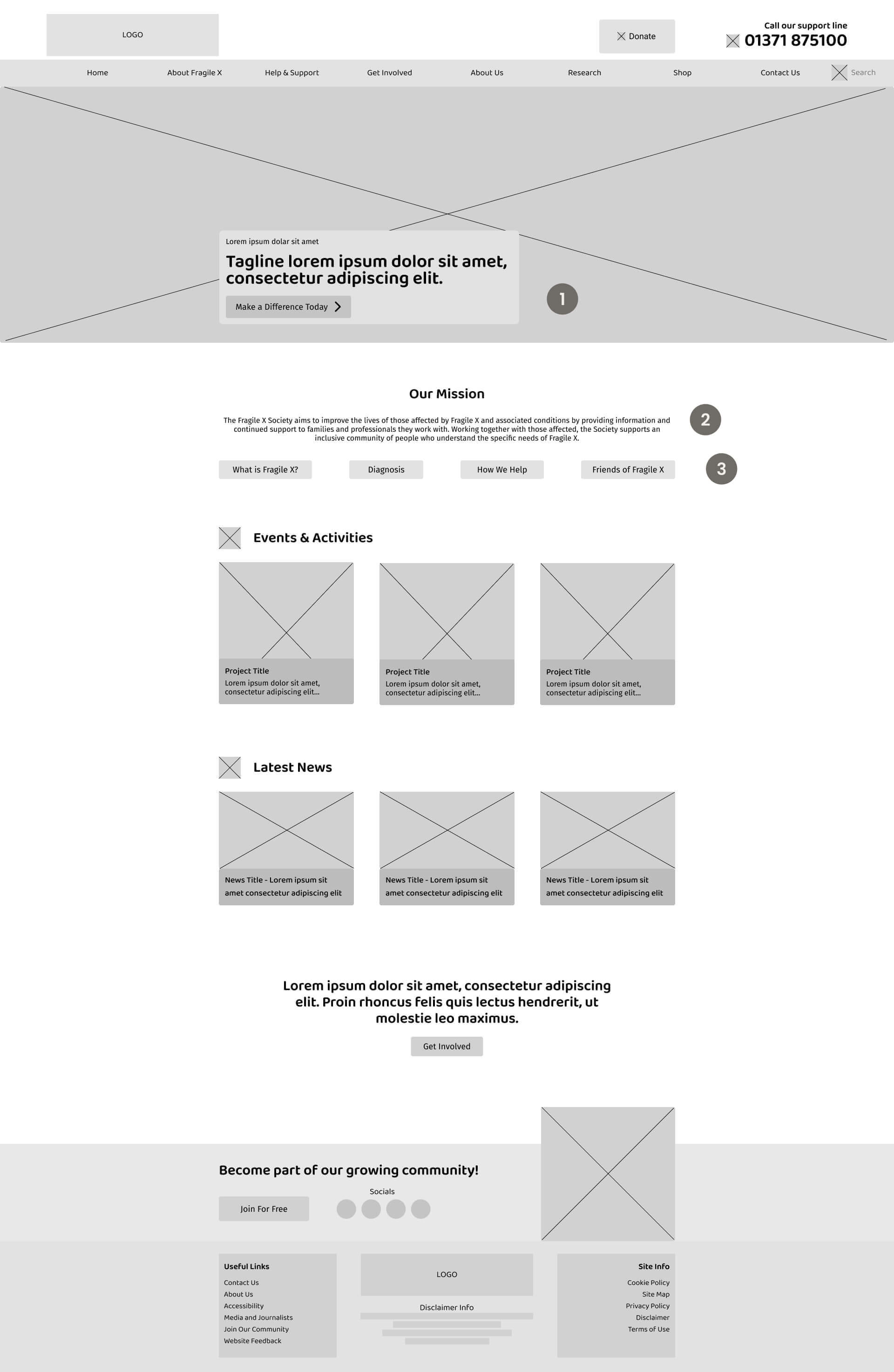 Fragile X landing page wireframe, numbers correspond to accompanying text