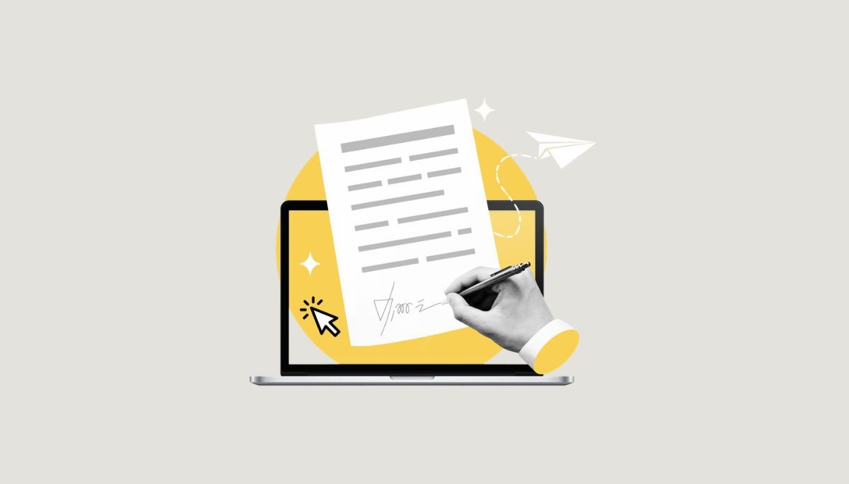 Illustration of a laptop with a hand signing a document, symbolizing how to write a two weeks’ notice letter.