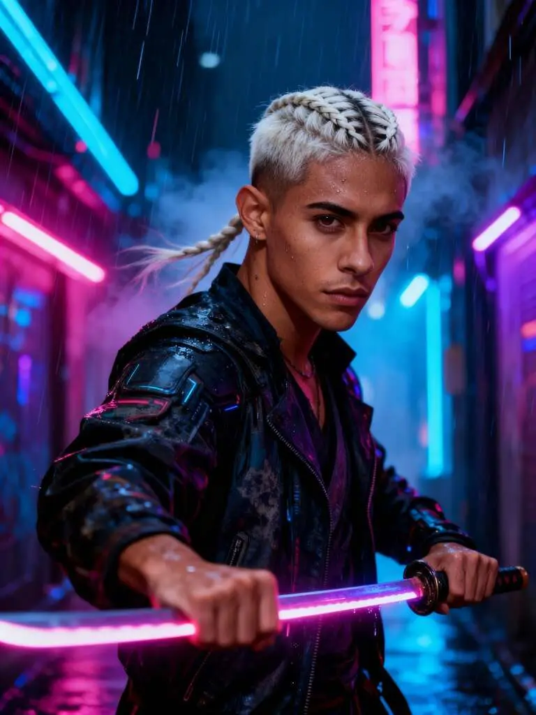 sora2 cyberpunk man with katana neon alley