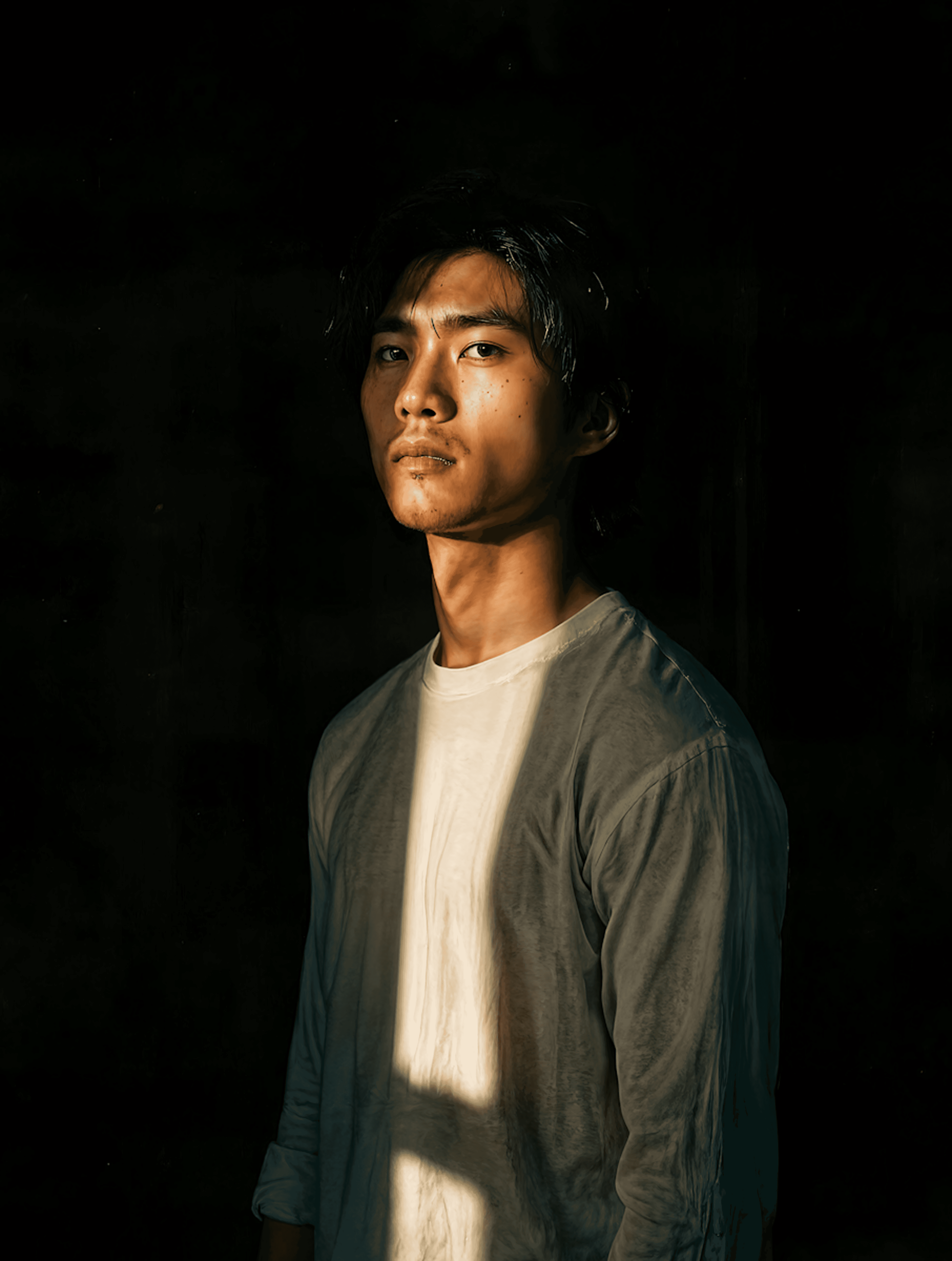 An asian person in a dark area with a sunlight on him