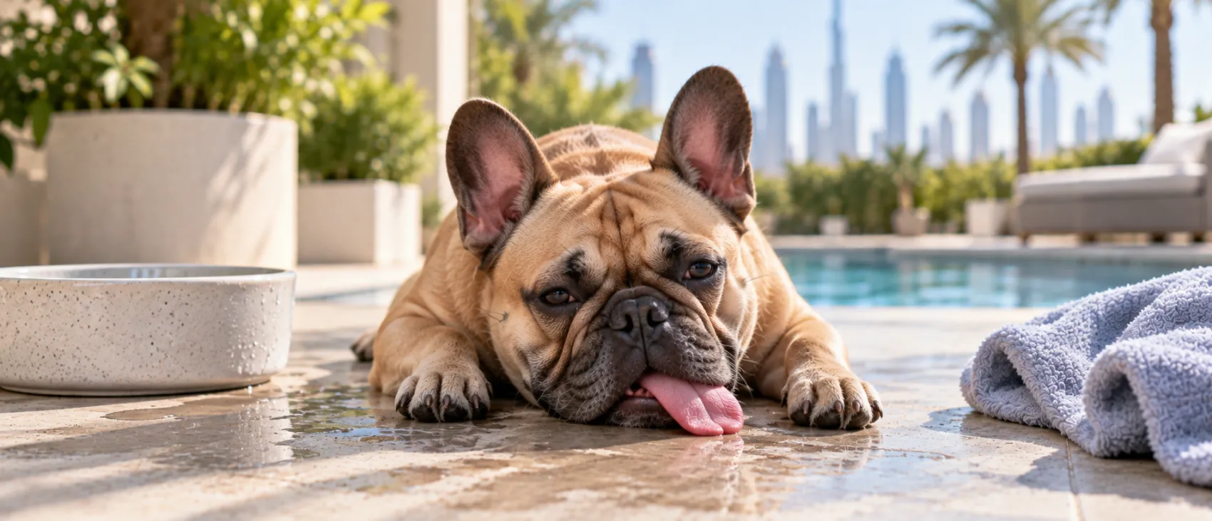 A French Bulldog lying on hot pavement with its tongue out, panting heavily beside a water bowl.