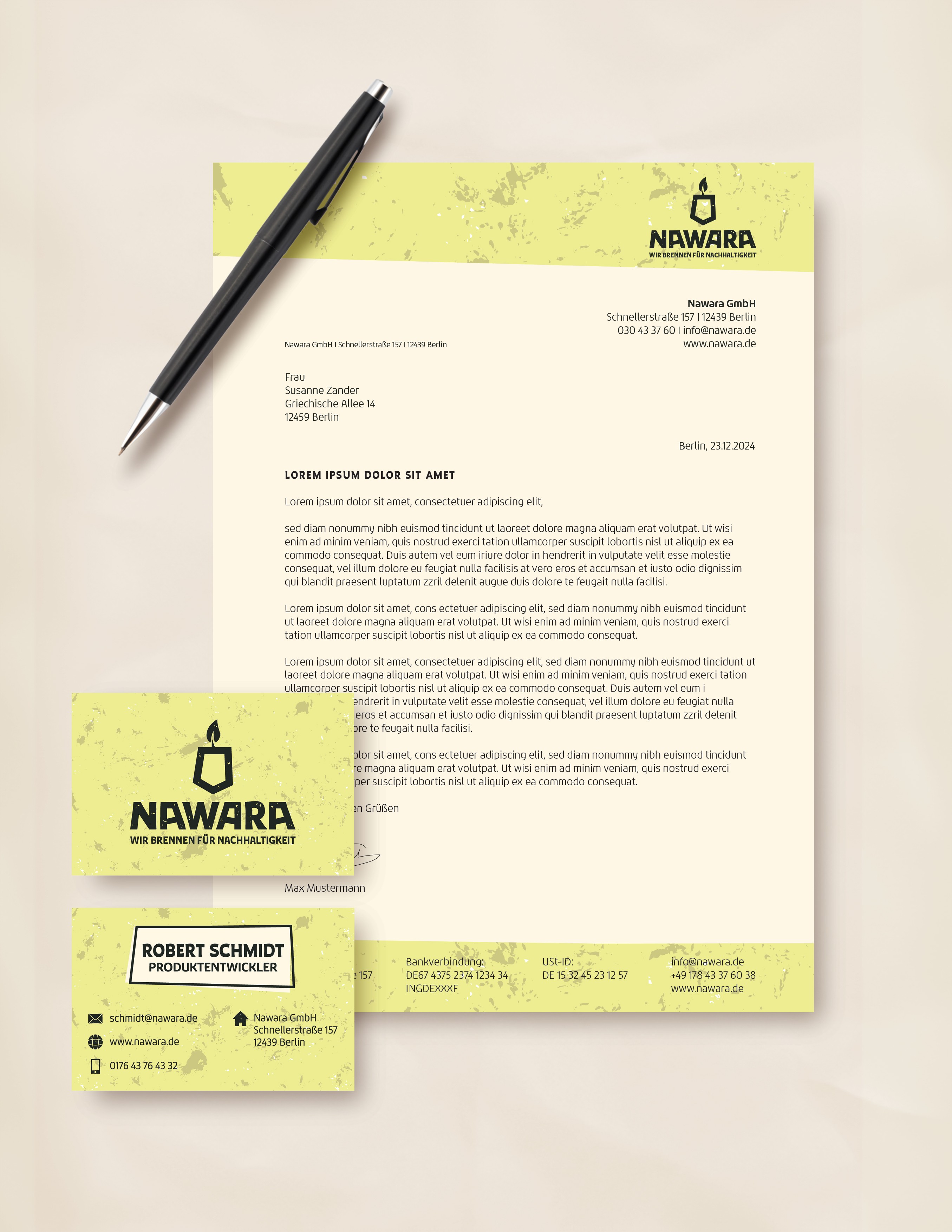 Briefpapier und Geschäftsausstattung im Corporate Design von Nawara