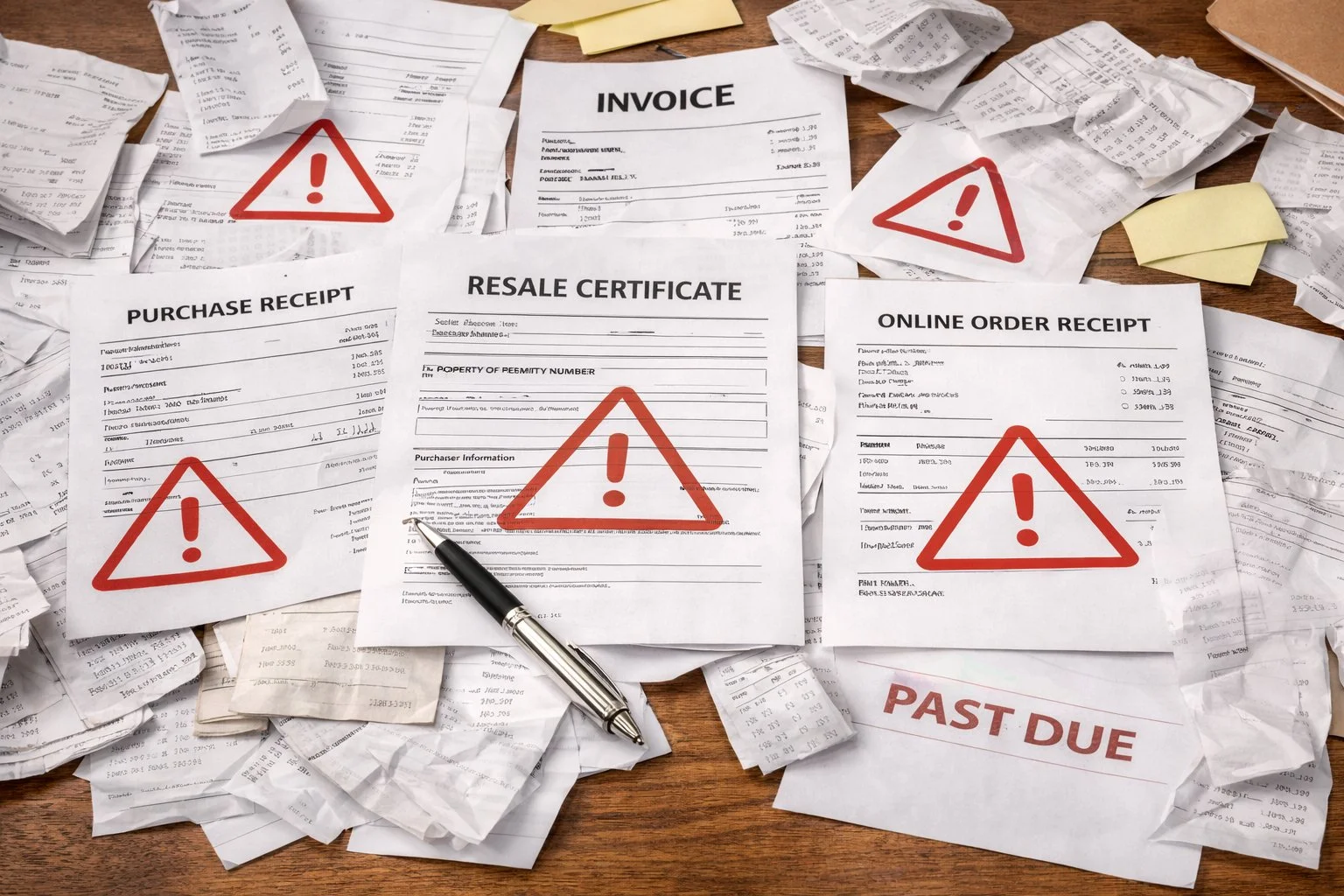 Scattered paperwork stamped with warning symbols, representing potential consequences in a neutral, non-fearful way.