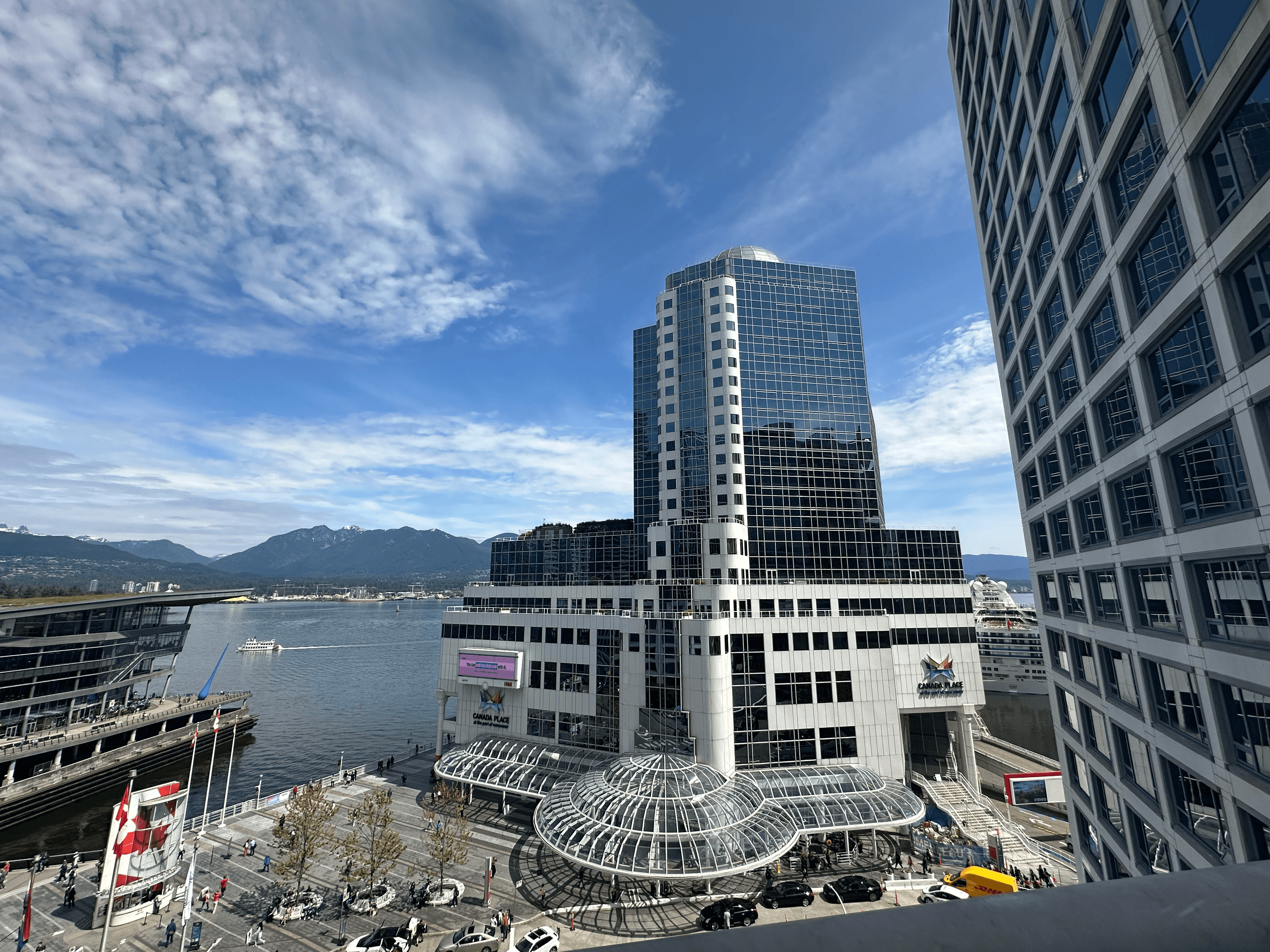 Views of the North Shore Mountains, Vancouver Convention Centre and Vancouver cruise terminal directly across from Fairmont Waterfront.