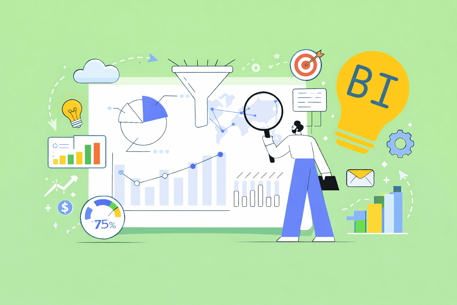 AI powered business intelligence tools dashboard showing data analytics, charts, and performance insights