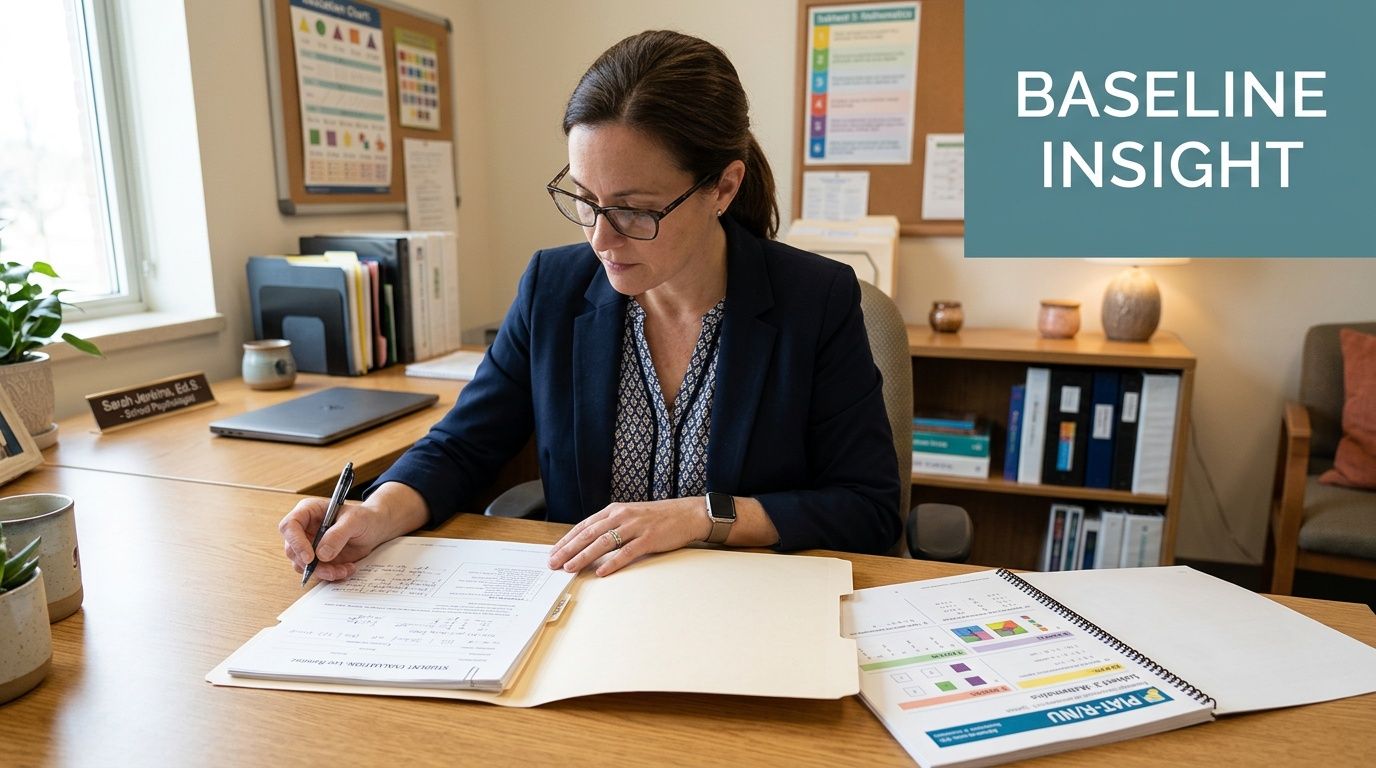 A school psychologist works at her desk, reviewing paperwork and test documents for a student evaluation.