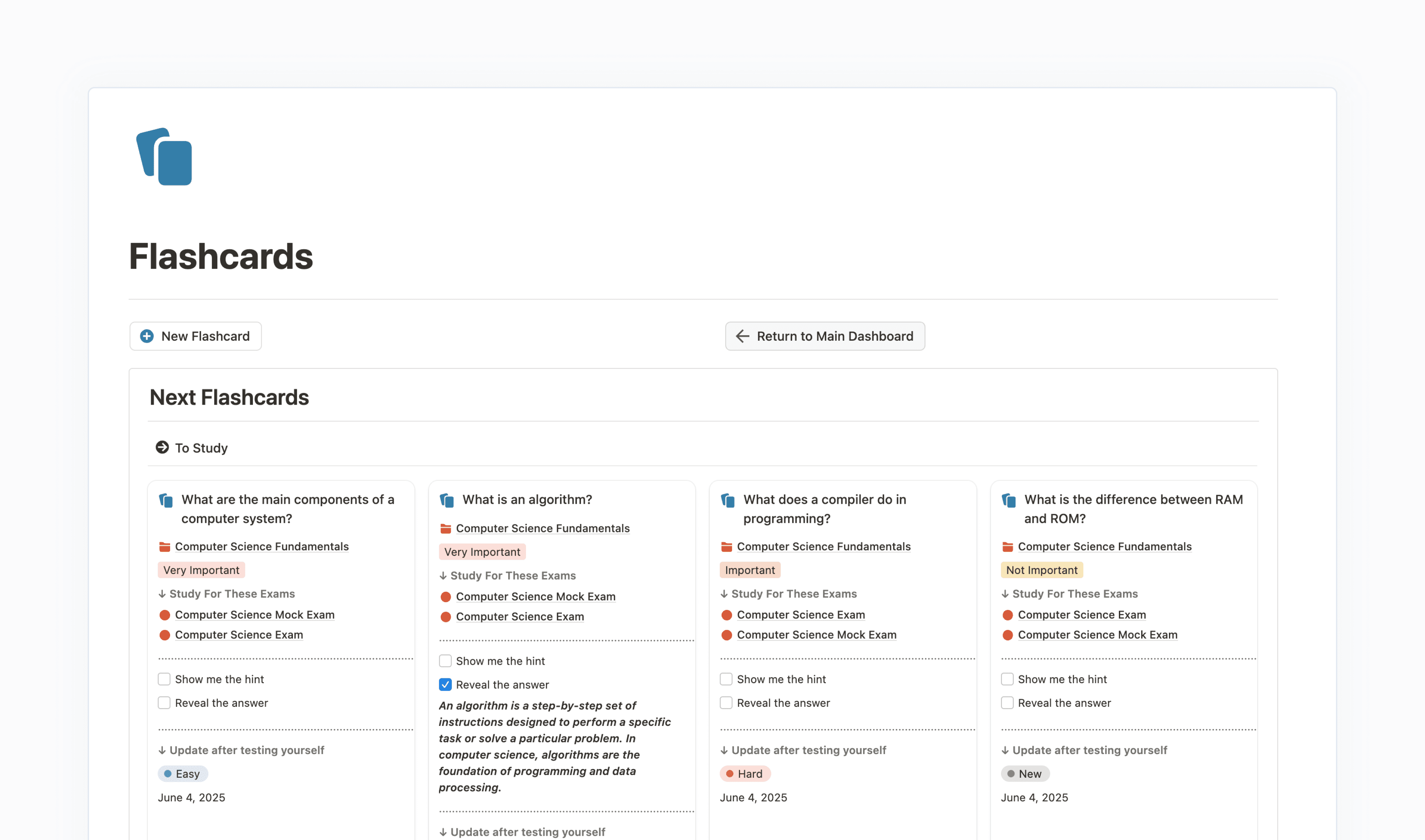 The flashcards page of the Student Smart Dashboard showing several flashcards with questions and answers
