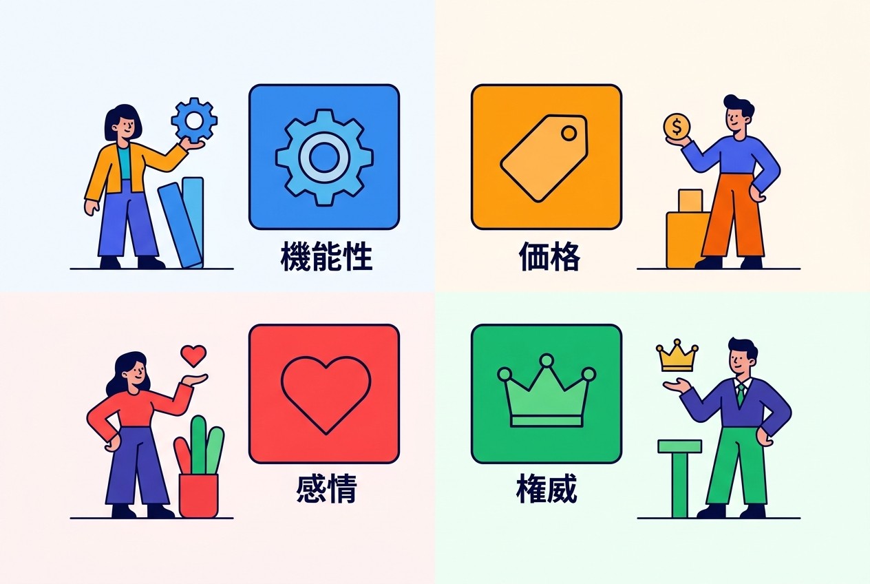 広告クリエイティブの4つの基本訴求軸。機能性（具体的な効果・性能）、価格（コスト優位性）、感情（体験・感情的価値）、権威（信頼性・社会的証明）を適切に組み合わせることで、ターゲットに刺さる訴求を設計できる。