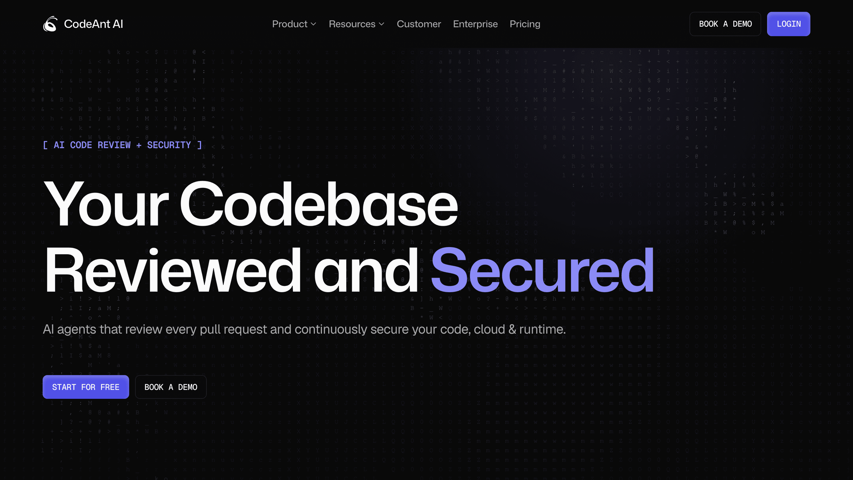 CodeAnt AI homepage: your codebase reviewed and secured by AI agents across code, cloud, and runtime