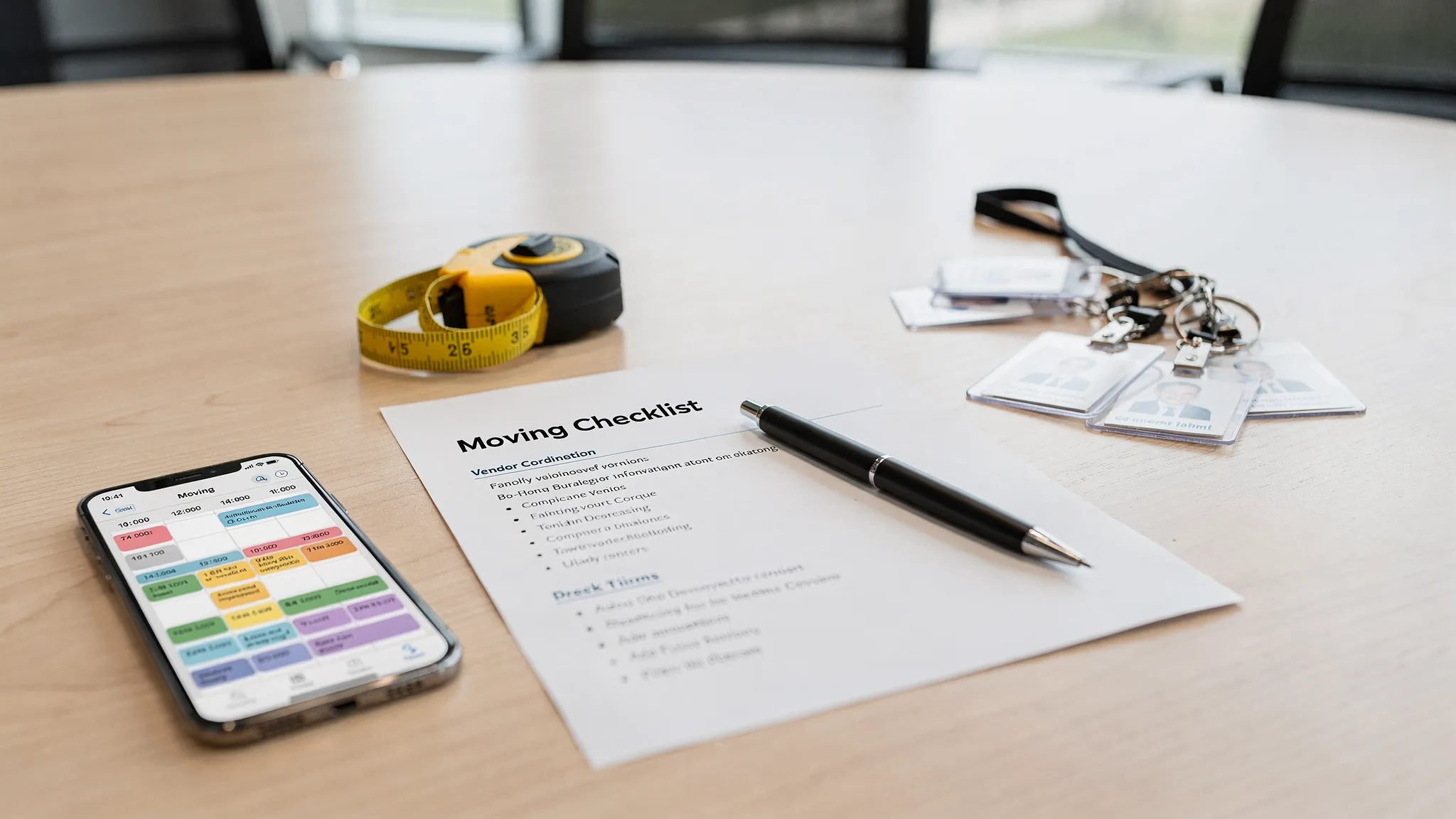 A conference-room table with a printed moving checklist, a pen, a tape measure, building access badges, and a smartphone displaying a calendar schedule, suggesting move planning and vendor vetting.