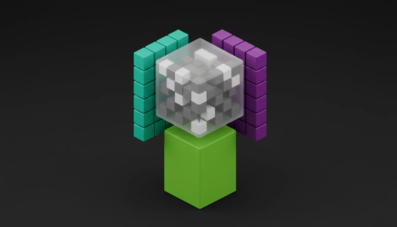 3D render of a technical diagram illustrating an NVIDIA Tensor Core, isometric view. The graphic features a tall stack of bright green cubes at the base. Floating directly above is a larger, semi-transparent cube composed of smaller, solid grey and white cubes. This central structure is flanked by two vertical planes made of cubes: a teal plane on the left and a purple plane on the right. Matte plastic material, clean minimalist design, soft global illumination, isolated on a solid black studio background.
