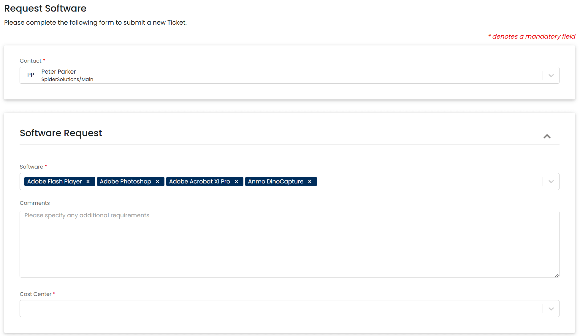 Old Software Request form showing multiple software selected with a comments and cost center fields.