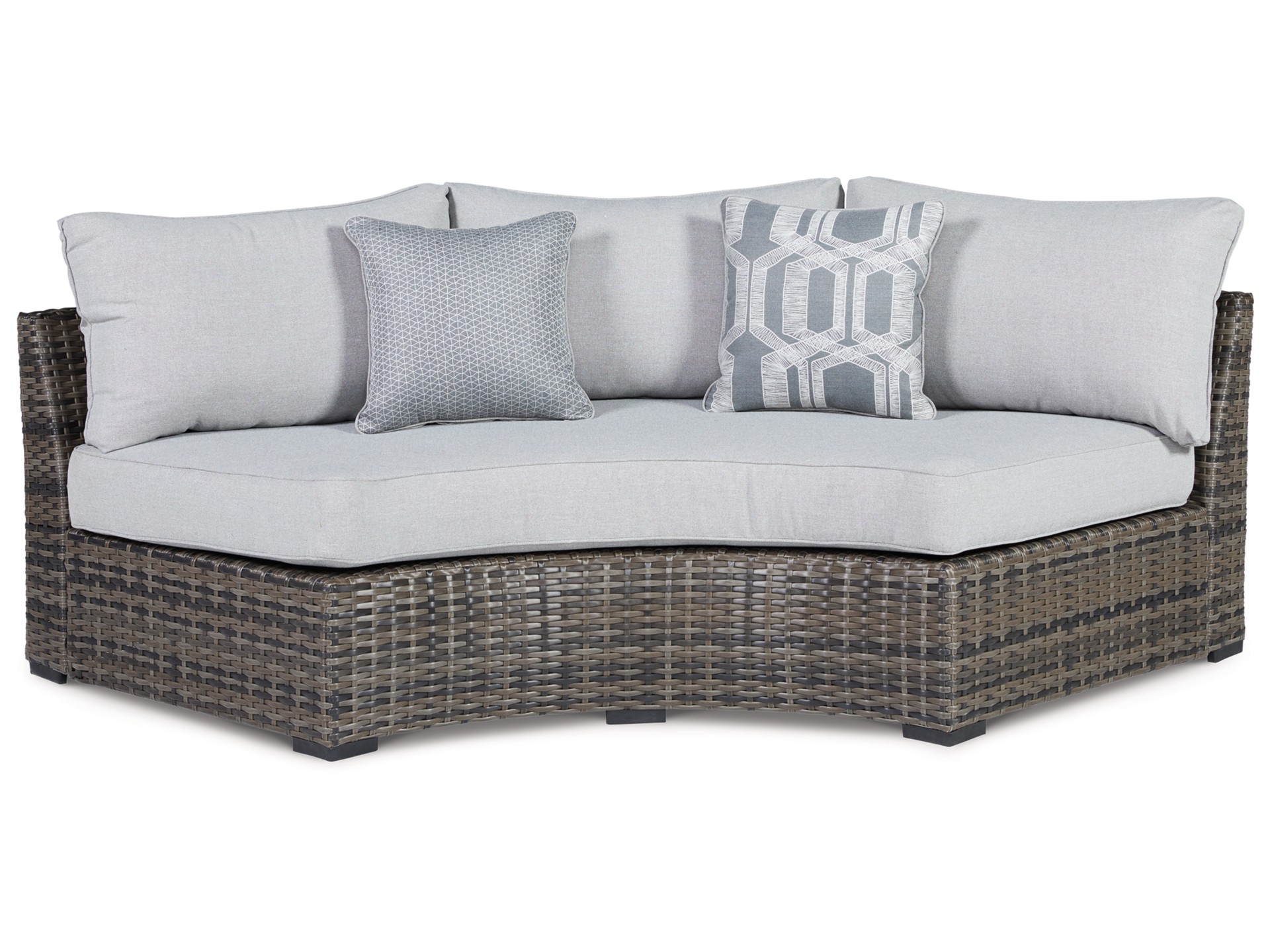 Modern curved loveseat sofa with a sleek silhouette, ideal for creating a cozy seating area in smaller rooms.