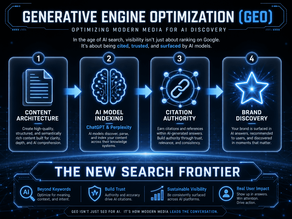 A workflow diagram of Generative Engine Optimization (GEO) showing how content is indexed by AI engines like ChatGPT for brand discovery.