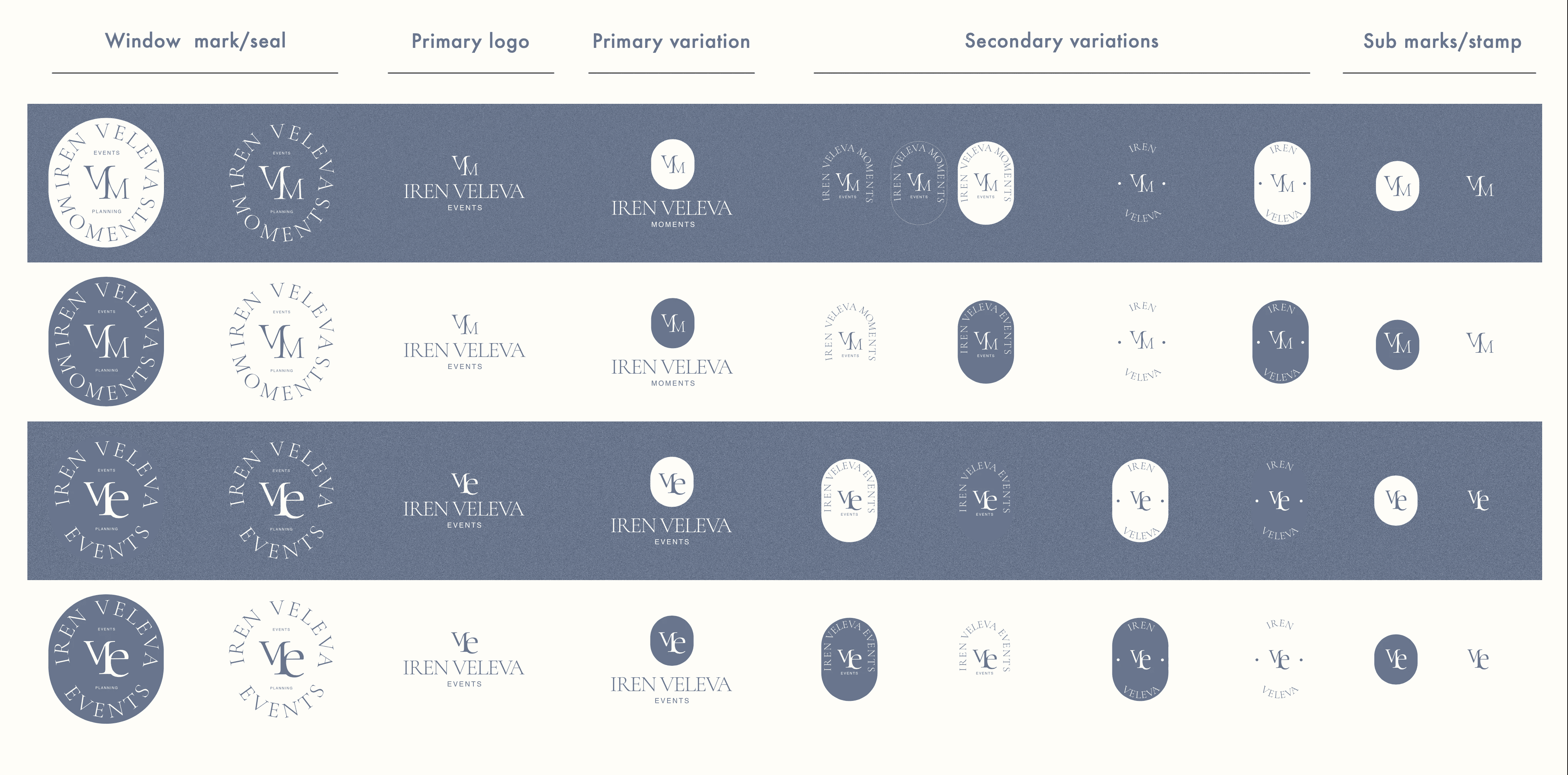 Втората версия на logo system за Iren Veleva Events включва разнообразни монограмни композиции “VM/Ve”, разположени в кръгови и овални форми. Представени са основно лого, първични вариации, вторични подпечатани знаци и суб-марки, като всеки вариант тества структурирана serif естетика и луксозен бранд стил.