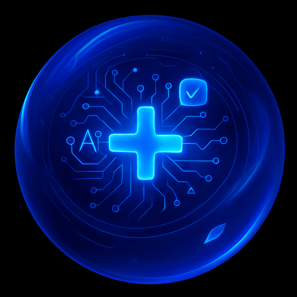 AI with a plus sign in 3D image.