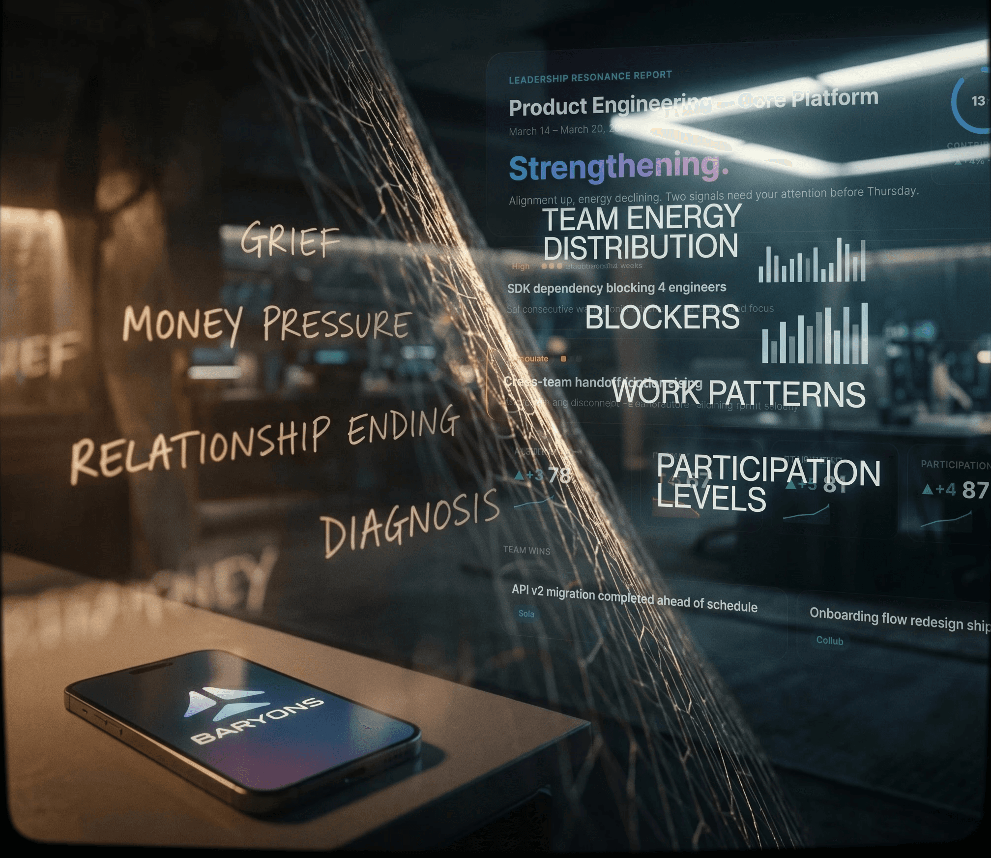 A conceptual and dramatic visual representation of data filtering for enterprise privacy. A large, gossamer-like web or 'privacy mesh' cuts diagonally across a shadowy, high-tech control room with complex workstations.
