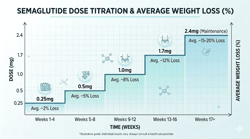 Semaglutide dose escalation schedule with corresponding weight loss results