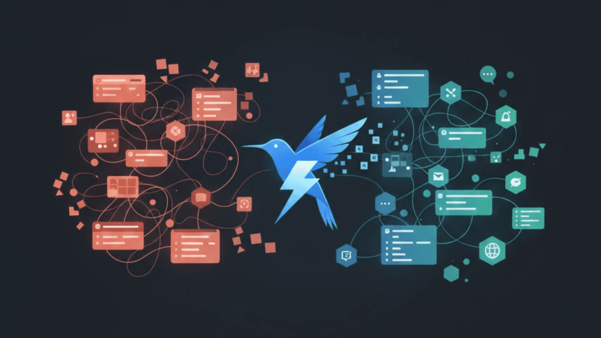Alt Text A modern SaaS hero illustration in a 1920x1080 landscape, visualizing the transition from project chaos to streamlined workflow. On the left, tangled orange and red threads represent miscommunication and tool fatigue. On the right, clean blue and green UI elements symbolize clarity and high-performance collaboration. In the center, a stylized blue hummingbird with a lightning bolt motif bridges the two sides, representing speed and instantaneous feedback in a sleek, dark-mode tech aesthetic.