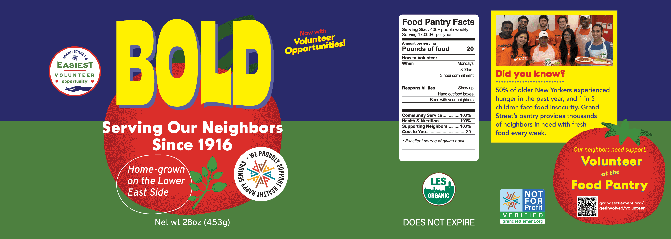 Canned food design for Bold Tomatoes with playfully written nutrition facts and product history. Illustrations of tomatoes on the front and back of the colorful packaging promote the easiest volunteer opportunities at Grand Street. Detailed text description follows below. 
