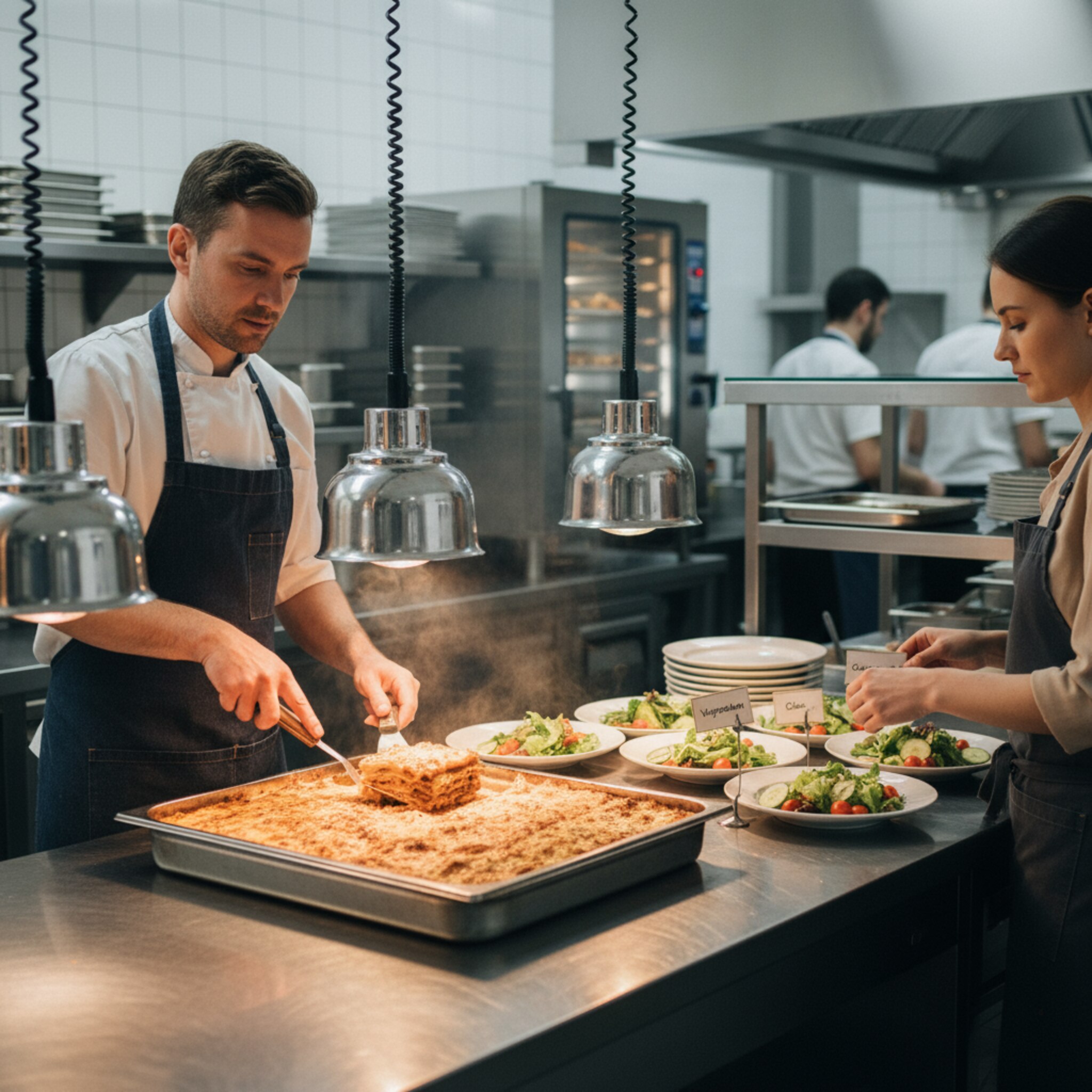 In der Ausgabeküche portioniert ein Koch Lasagne in gleichmäßige Stücke, daneben stehen Teller mit frischem Salat. Eine Kollegin befestigt beschriftete Kärtchen für vegetarisch und klassisch an der Station. Die konzentrierte Ruhe vor dem Ansturm zeigt präzise Vorbereitung und abgestimmte Abläufe ohne Hektik.