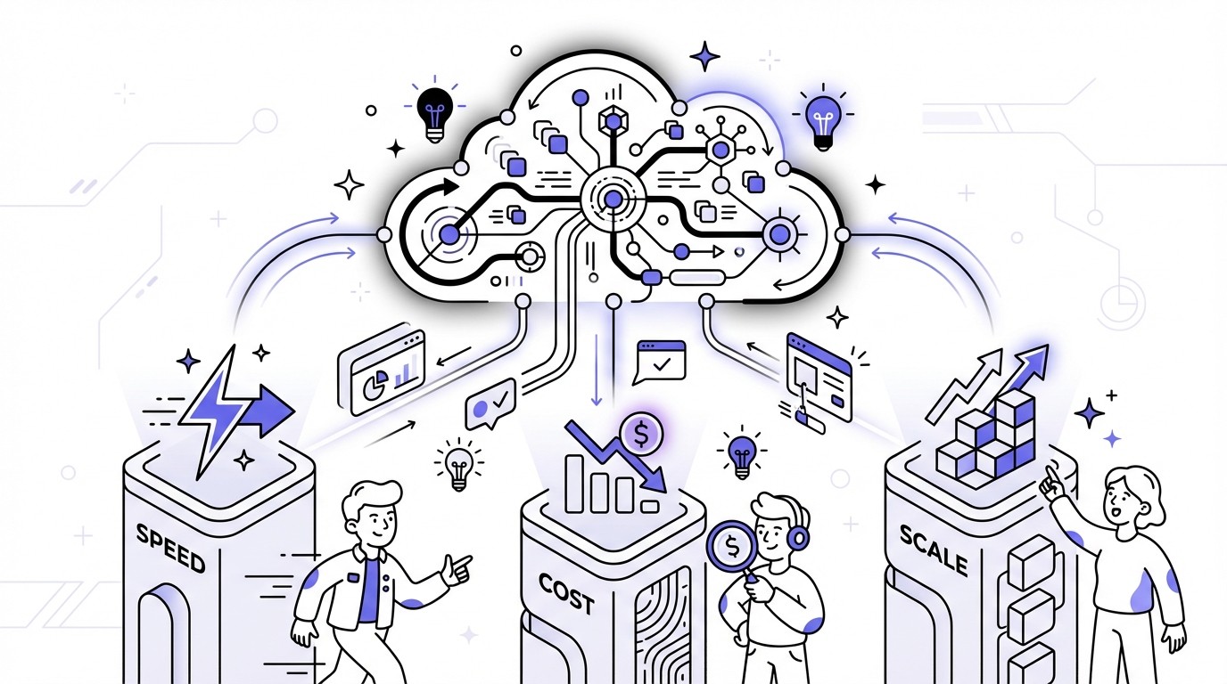 Diagram showing 'AI-Native Architecture' as a glowing, interconnected network, supported by three pillars. The pillars are labeled 'Speed' (with a lightning bolt icon), 'Cost' (with a downward graph icon), and 'Scale' (with expanding arrows icon).