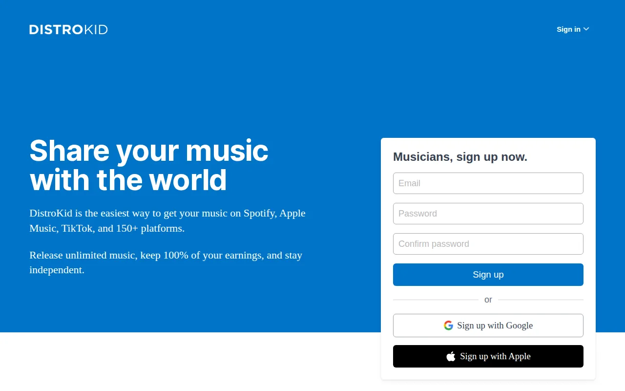 Screenshot of the DistroKid website