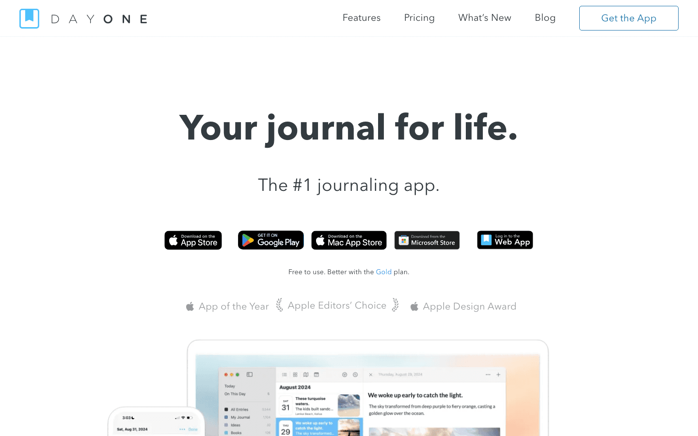 Day One journaling app homepage