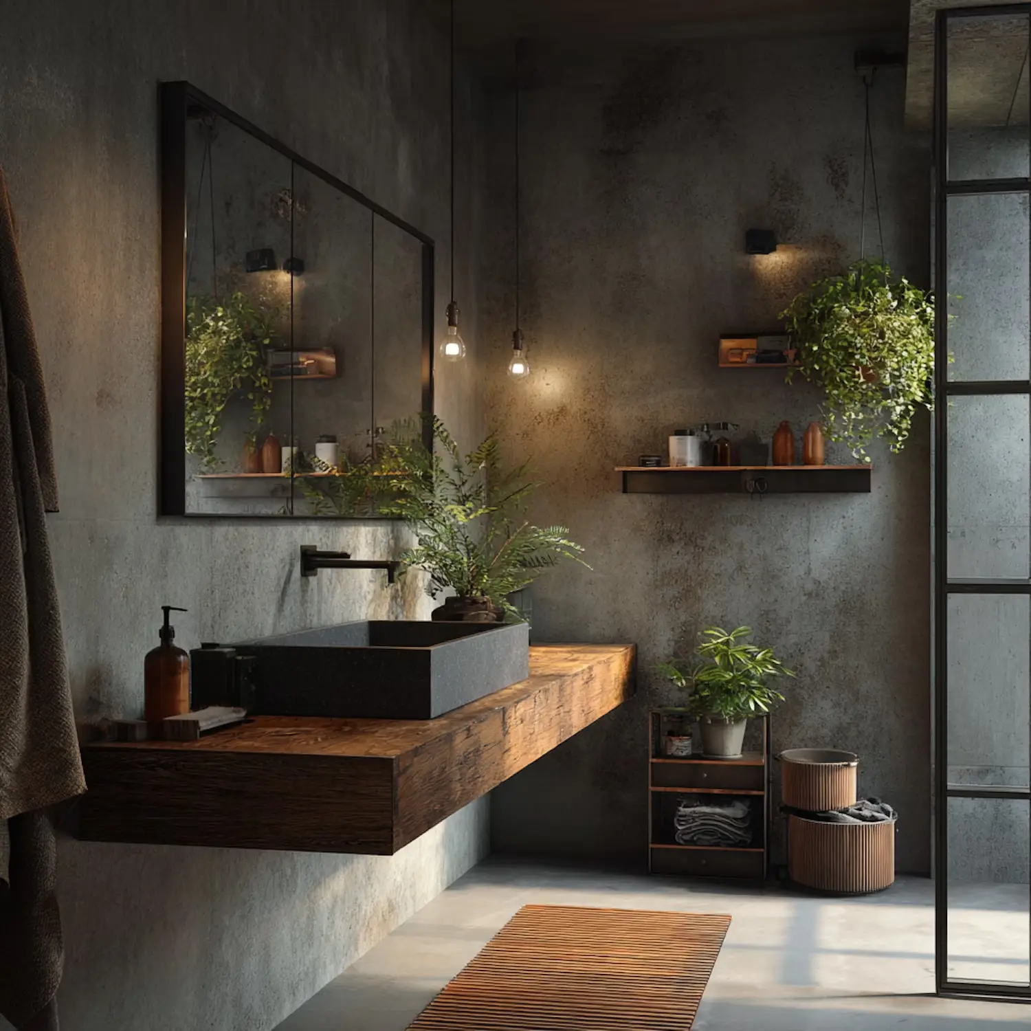 Industrial bathroom with concrete walls and wood vanity.