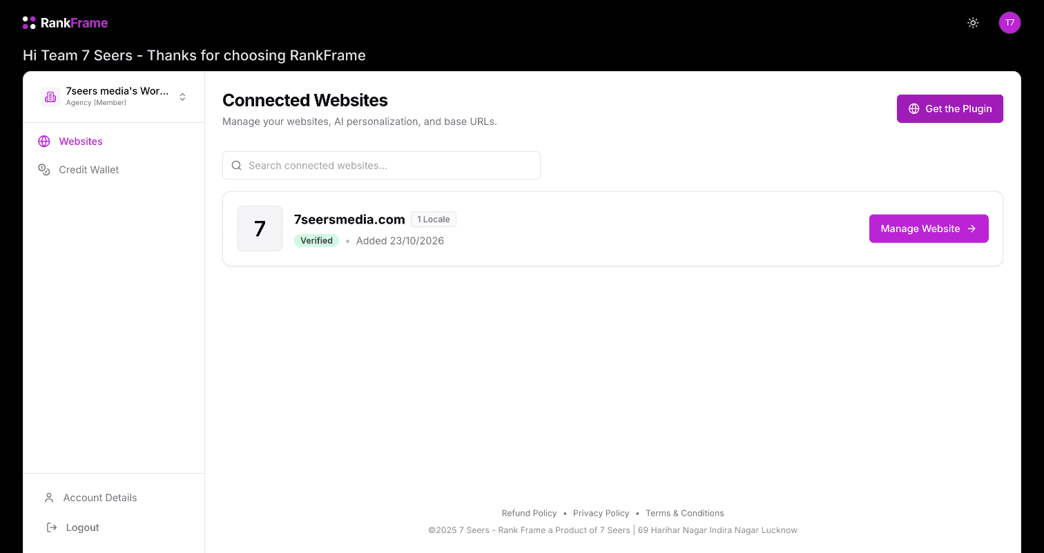 RankFrame dashboard for a team member showing only Websites and Credit Wallet