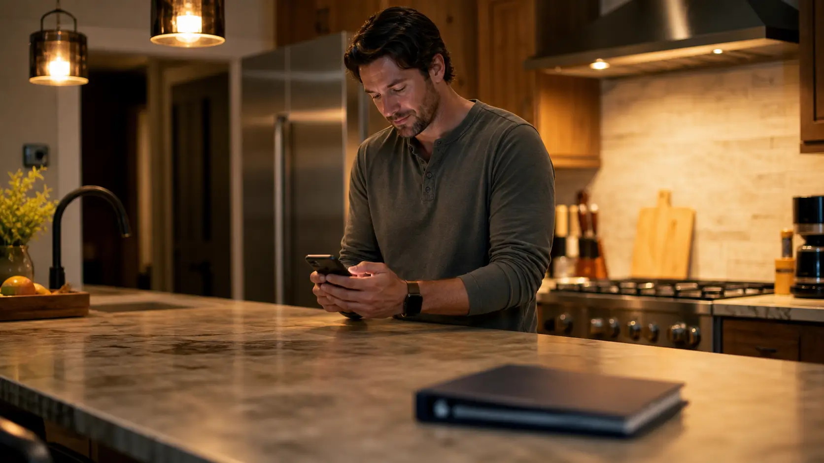 Guest checking a digital guidebook on a phone in a vacation rental kitchen at night.
