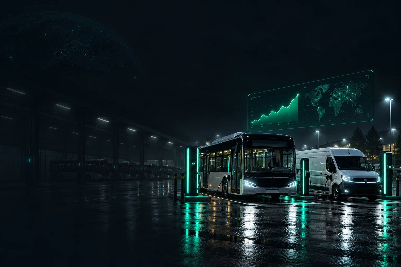 HabitIQ fleet savings dashboard above an electric bus and van at a charging depot