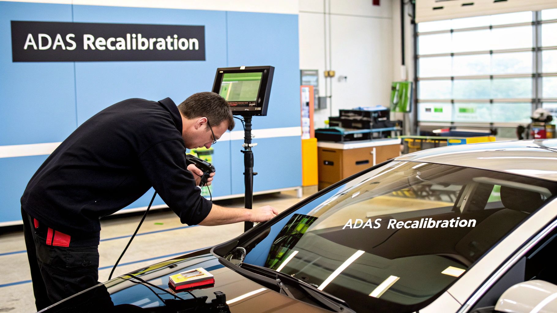 A technician working on a modern car's windshield, highlighting the complex ADAS technology integrated into the glass.