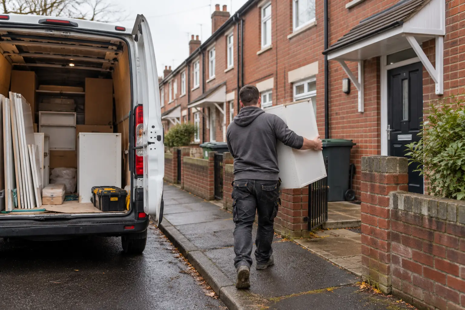 Tradesperson carrying a kitchen cabinet from a white van to a red-brick terraced council house