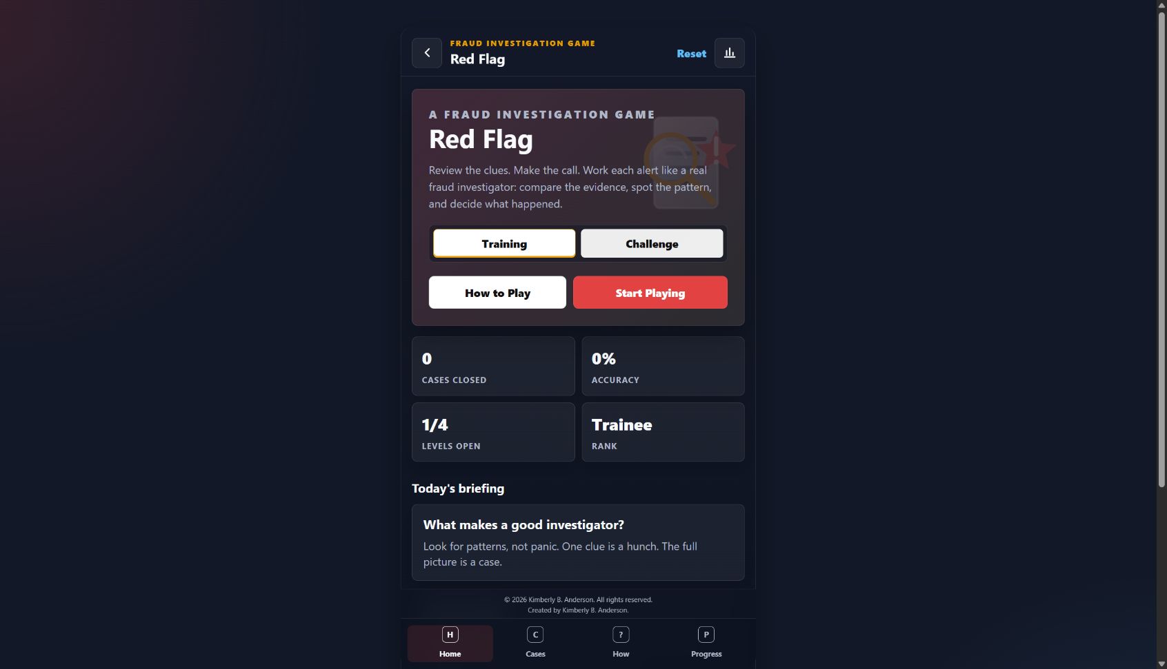 Red Flag fraud investigation game welcome screen with Training, Challenge, and Start Playing controls.