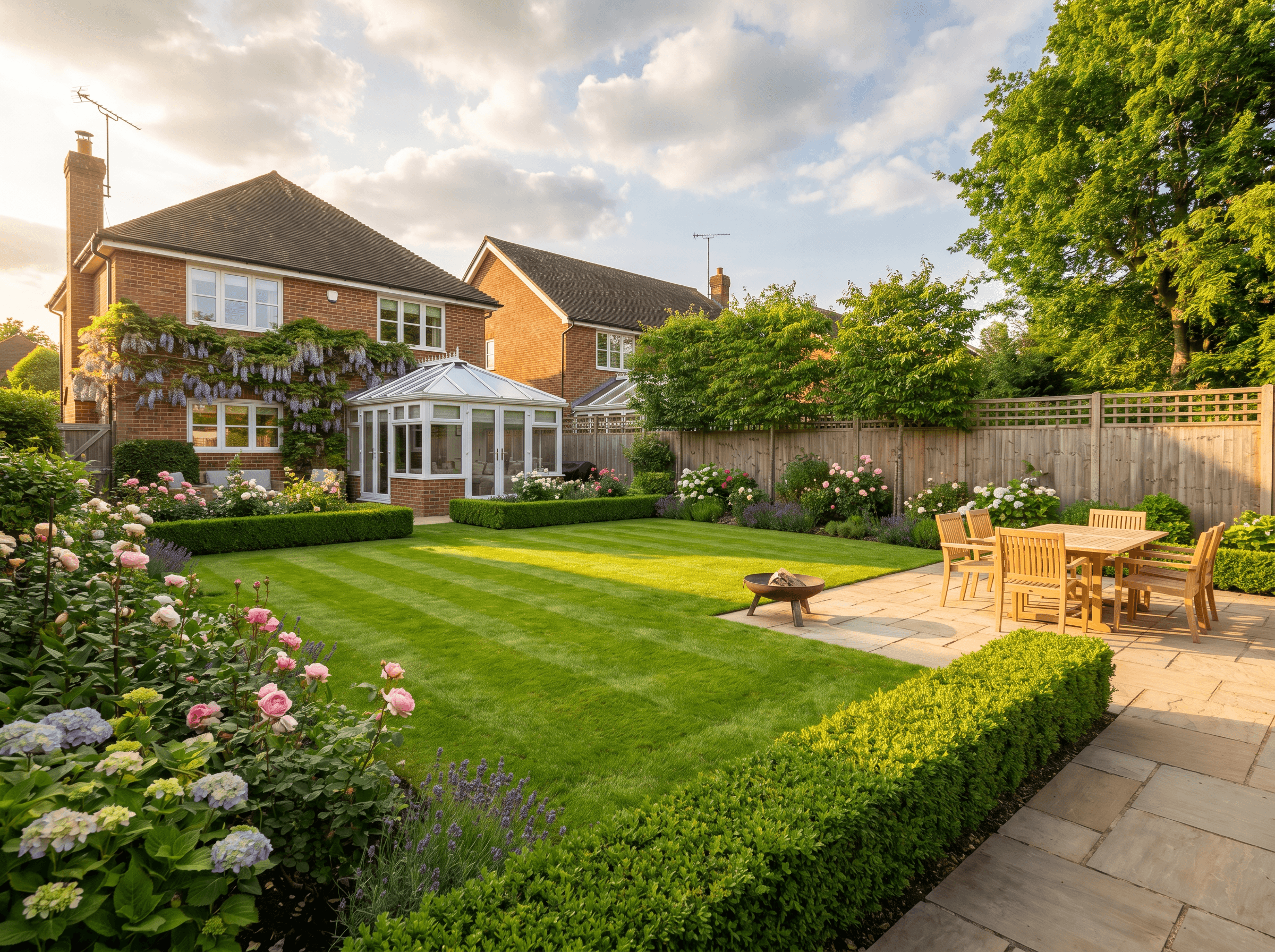 Vibrant planted flower borders flanking a gently winding garden path