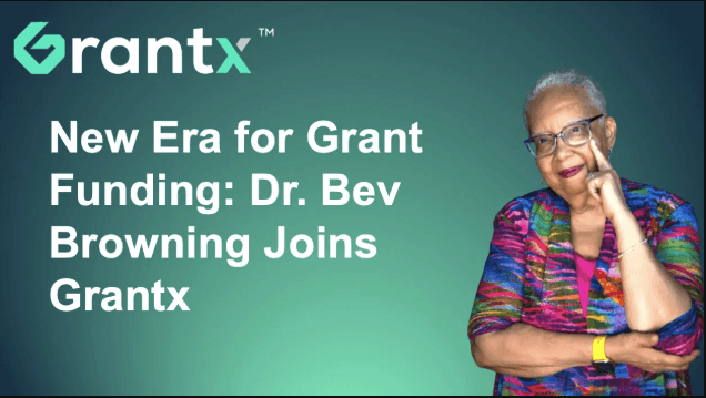 Portrait of Dr. Beverly Browning with green Grantx branding and text announcing her joining Grantx’s advisory board.