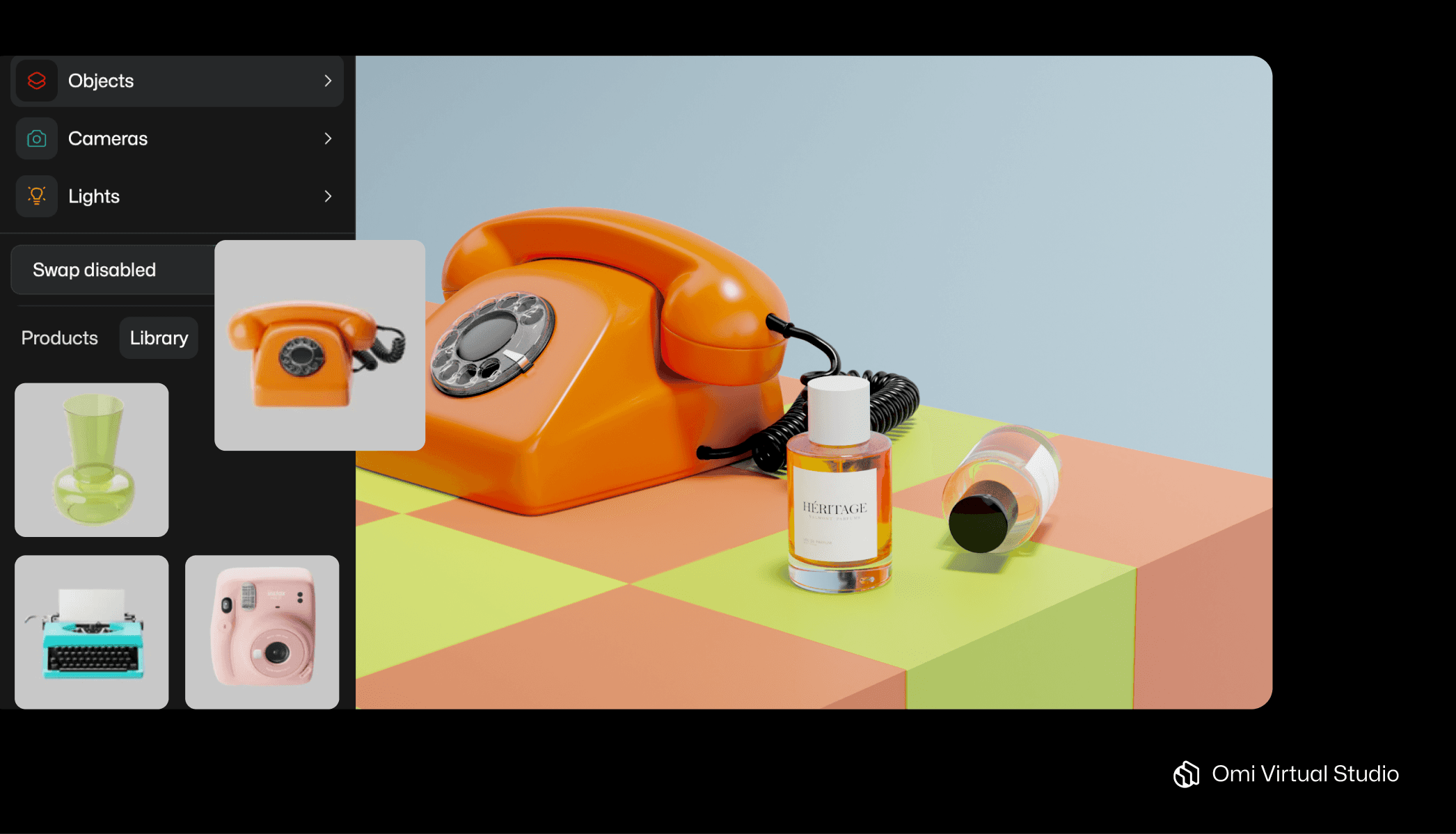 Virtual Photo Studio choosing props: telephone selected for checkered table with perfume bottle