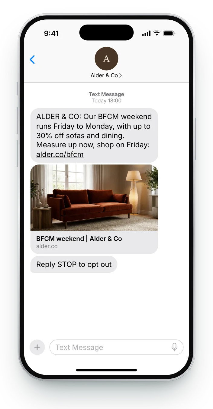 A week's notice of the long weekend BFCM text on an iPhone