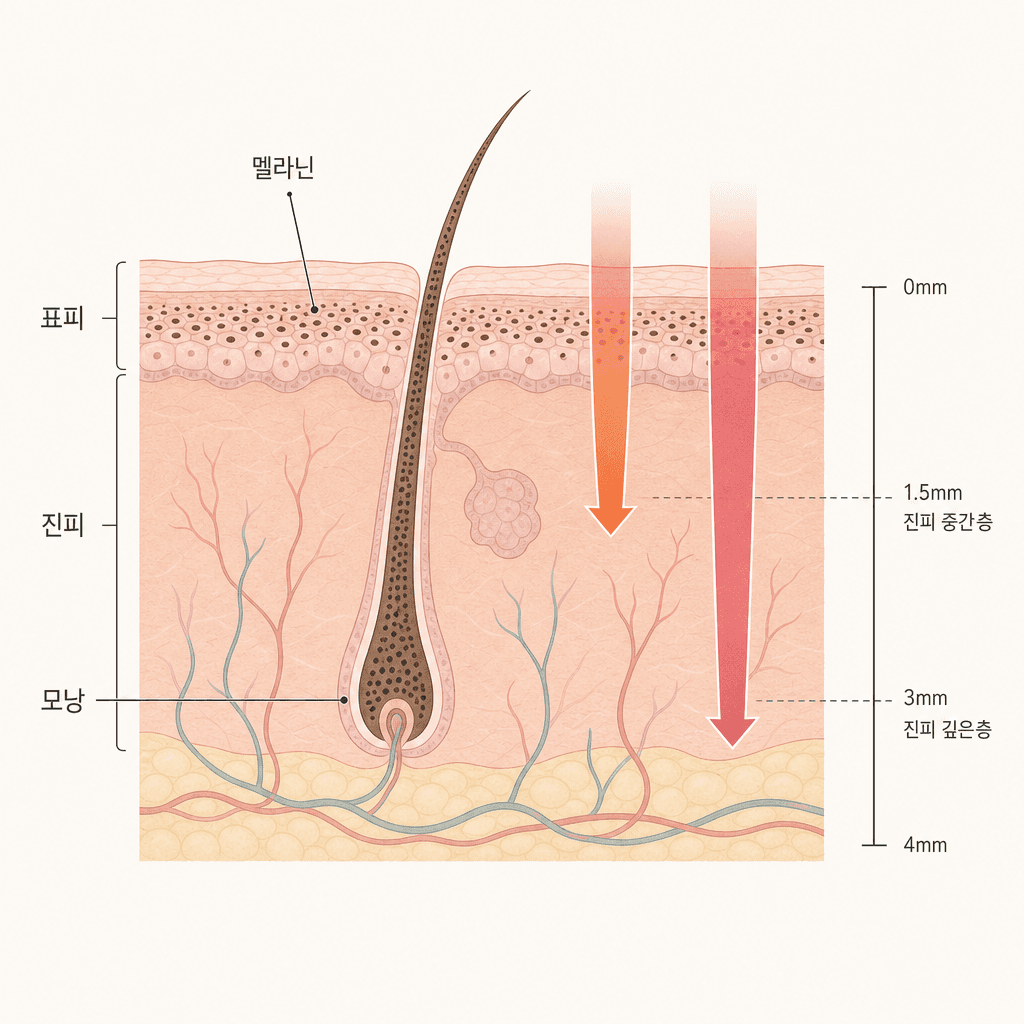모낭 깊이와 멜라닌 위치 — 파장이 닿는 깊이가 달라요